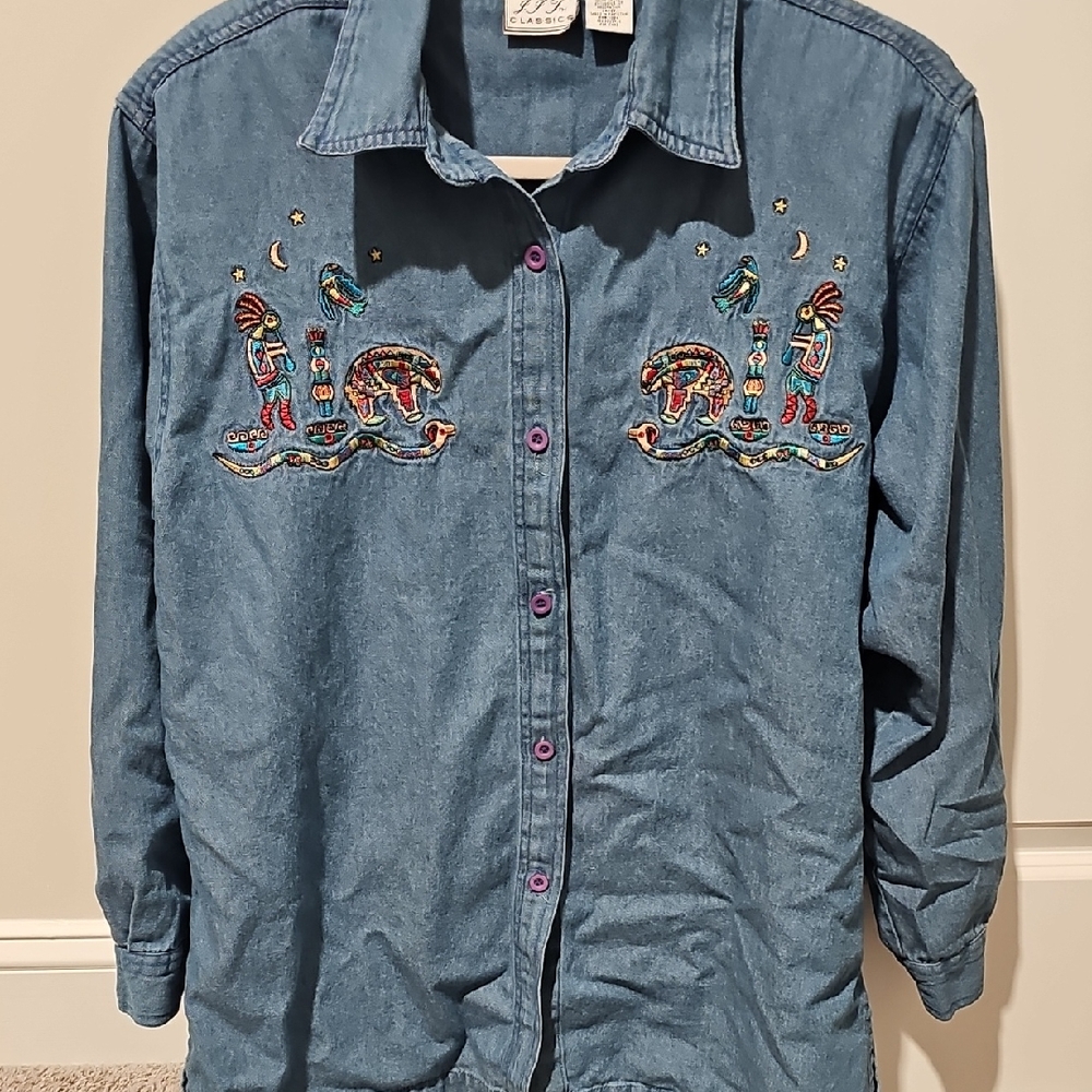 Kokopelli Southwestern Inspired Long Sleeve Denim Embroidred Shirt Size Large